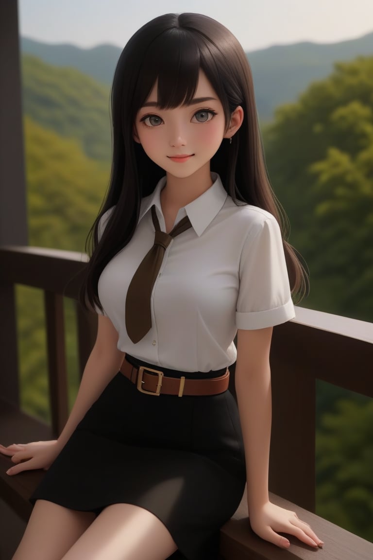 young woman, smiling and sitting on bench at balcony of academy campus, she has black long straight hair (+forehead), wearing white short sleeves collared shirt), black pencil skirt with brown belt, shoes, BREAK, ((best quality,4k,8k,highres,masterpiece:1.2),ultra-detailed, (very aesthetic:1.2), (absurdres:1.2), (detailed background), intricate details, newest, sfw), (1girl, solo, full body), (japanese anime style),(expressive eyes, perfect face, perfect anatomy)