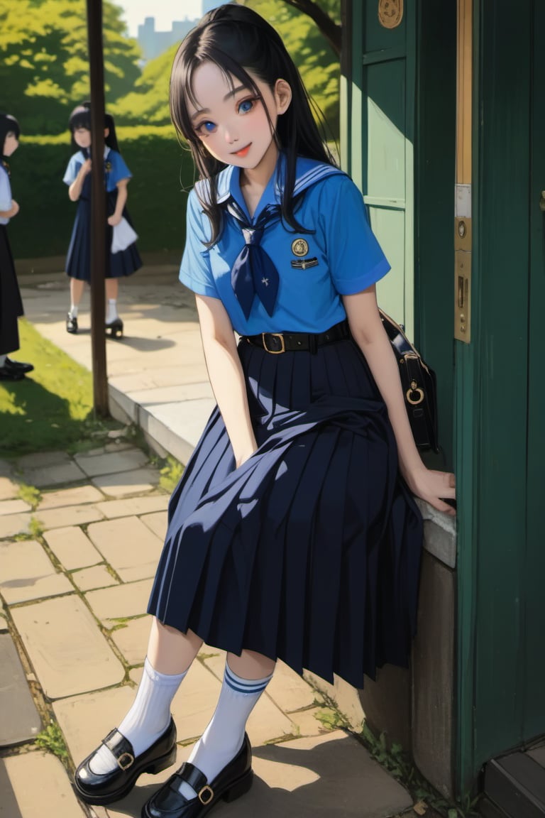 anime of adorable young woman, standing and posing at school 's outdoor, smiling, she has black hair (+forehead, half up half down), wearing short sleeves collared shirt (+azure-blue shirt), navy-blue scout-kerchief, navy-blue pleated pencil long skirt, black belt with gold circle buckle, white socks and black mary-jane shoes, BREAK, (short sleeves collared shirt (+azure-blue shirt), navy-blue scout-kerchief, navy-blue pleated pencil long skirt, black belt with gold circle buckle, white socks and black mary-jane shoes), BREAK, ((best quality,4k,8k,highres,masterpiece:1.2),ultra-detailed, (very aesthetic:1.2), (absurdres:1.2), (detailed background), intricate details, newest), (1girl, solo, full body), (japanese anime style),(expressive eyes, perfect face, perfect anatomy)