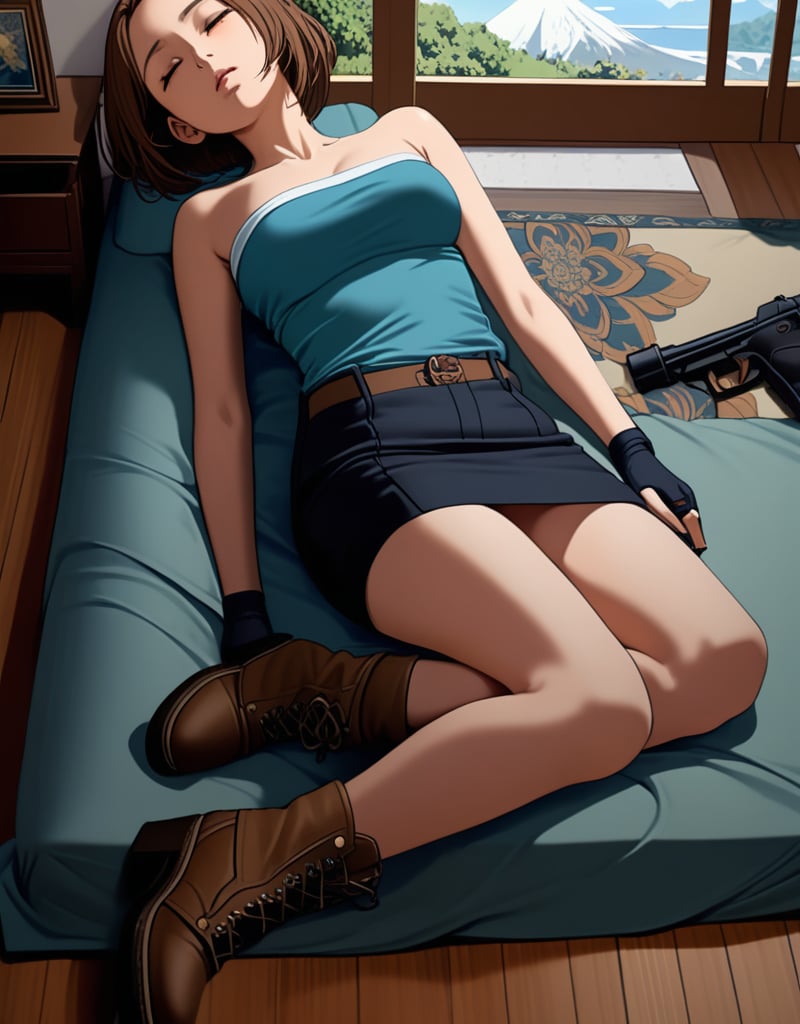 realistic anime illustration of sleeping beautiful  woman is sitting on bedroom floor, her back is leaning against bed 's futon, her legs is spreading, closed eyes, her gun putting on ground, BREAK, she is brown bob cut (+forehead, brown hair), wears cyan-blue tube top (+strapless, cyan-blue tube top), black pencil skirt, black fingerless gloves, olive-green suspenders, brown combat boots,  BREAK, ((masterpiece:1.2), (best quality:1.2), (very aesthetic:1.2), (absurdres:1.2), (detailed background),intricate details, newest), (1girl, solo, full body), (japanese anime style), figure style