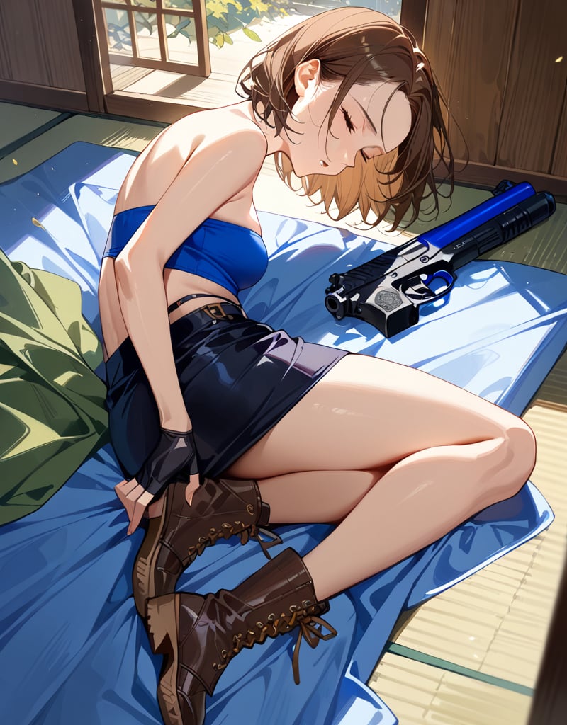 realistic anime illustration of sleeping beautiful  woman is sitting on bedroom floor, her back is leaning against bed 's futon, her legs is spreading, closed eyes, her gun putting on ground, BREAK, she is brown bob cut (+forehead, brown hair), wears azure-blue tube top (+strapless, azure-blue tube top), black pencil skirt, black fingerless gloves, olive-green suspenders, brown combat boots,  BREAK, ((masterpiece:1.2), (best quality:1.2), (very aesthetic:1.2), (absurdres:1.2), (detailed background),intricate details, newest), (1girl, solo, full body), (japanese anime style)