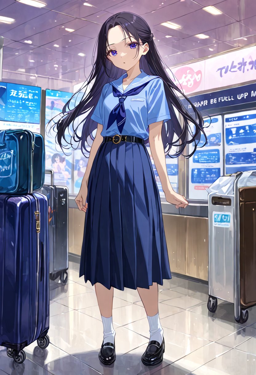 beauty young girl, standing pose at airport, she has black hair (forehead, longh hair, half up half down), wearing pastel indigo-blue short sleeves collared shirt, navy-blue neckerchief, navy-blue pleated pencil long skirt, black belt with gold circle buckle, white socks and black mary-jane shoes, ((masterpiece:1.2), (best quality:1.2), (very aesthetic:1.2), (absurdres:1.2), (detailed background),intricate details, newest, sfw), (1girl, solo, full body, front view, looking at viewer), (japanese anime style), (expressive eyes, perfect face, perfect anatomy), BREAK, (pastel indigo-blue short sleeves collared shirt, navy-blue neckerchief, navy-blue pleated pencil long skirt, black belt with gold circle buckle, white socks and black mary-jane shoes),score_7_up, BREAK source_anime, anime screencap,