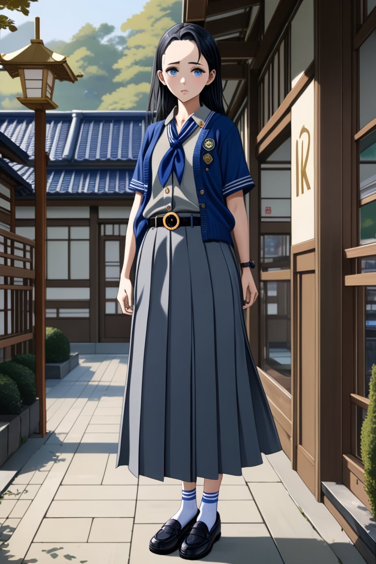 pretty young woman, posing at school 's outdoor, she has black hair (+forehead, half up half down), wearing gray long sleeves cardigan (+open cardigan), azure-blue short sleeves collared shirt, navy-blue scout-kerchief, navy-blue pleated pencil skirt (+long skirt), black belt with gold circle buckle, white socks and black mary-jane shoes, BREAK, ((best quality,4k,8k,highres,masterpiece:1.2),ultra-detailed, (very aesthetic:1.2), (absurdres:1.2), (detailed background), intricate details, newest), (1girl, solo, full body, front view, looking at viewer), (japanese anime style),(expressive eyes, perfect face, perfect anatomy)s, BREAK, (gray long sleeves cardigan (+open cardigan), azure-blue short sleeves collared shirt , navy-blue scout-kerchief, navy-blue pleated pencil skirt (+long skirt), black belt with gold circle buckle, white socks and black mary-jane shoes)