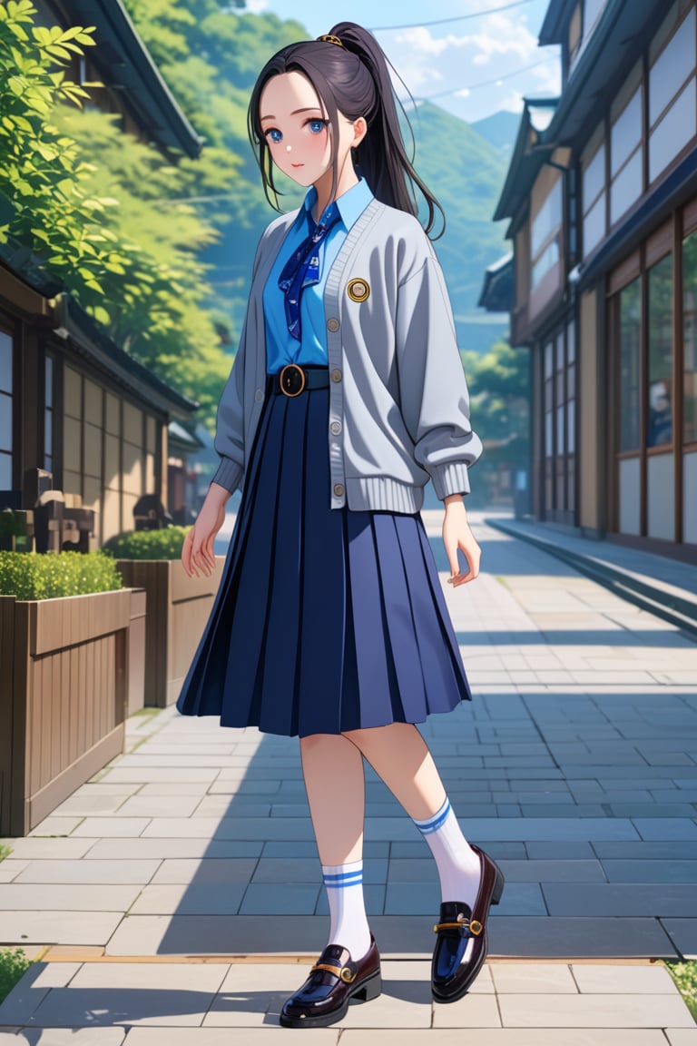 adorable young woman, posing at school 's outdoor, she has black hair (+forehead, half up half down), wearing gray long sleeves cardigan (+open cardigan), short sleeves collared shirt (+azure-blue shirt), navy-blue scout-kerchief, navy-blue pleated pencil skirt (+long skirt), black belt with gold circle buckle, white socks and black mary-jane shoes, BREAK, ((best quality,4k,8k,highres,masterpiece:1.2),ultra-detailed, (very aesthetic:1.2), (absurdres:1.2), (detailed background), intricate details, newest), (1girl, solo, full body, front view, looking at viewer), (japanese anime style),(expressive eyes, perfect face, perfect anatomy)s, BREAK, (gray long sleeves cardigan (+open cardigan), short sleeves collared shirt (+azure-blue shirt), navy-blue scout-kerchief, navy-blue pleated pencil skirt (+long skirt), black belt with gold circle buckle, white socks and black mary-jane shoes)