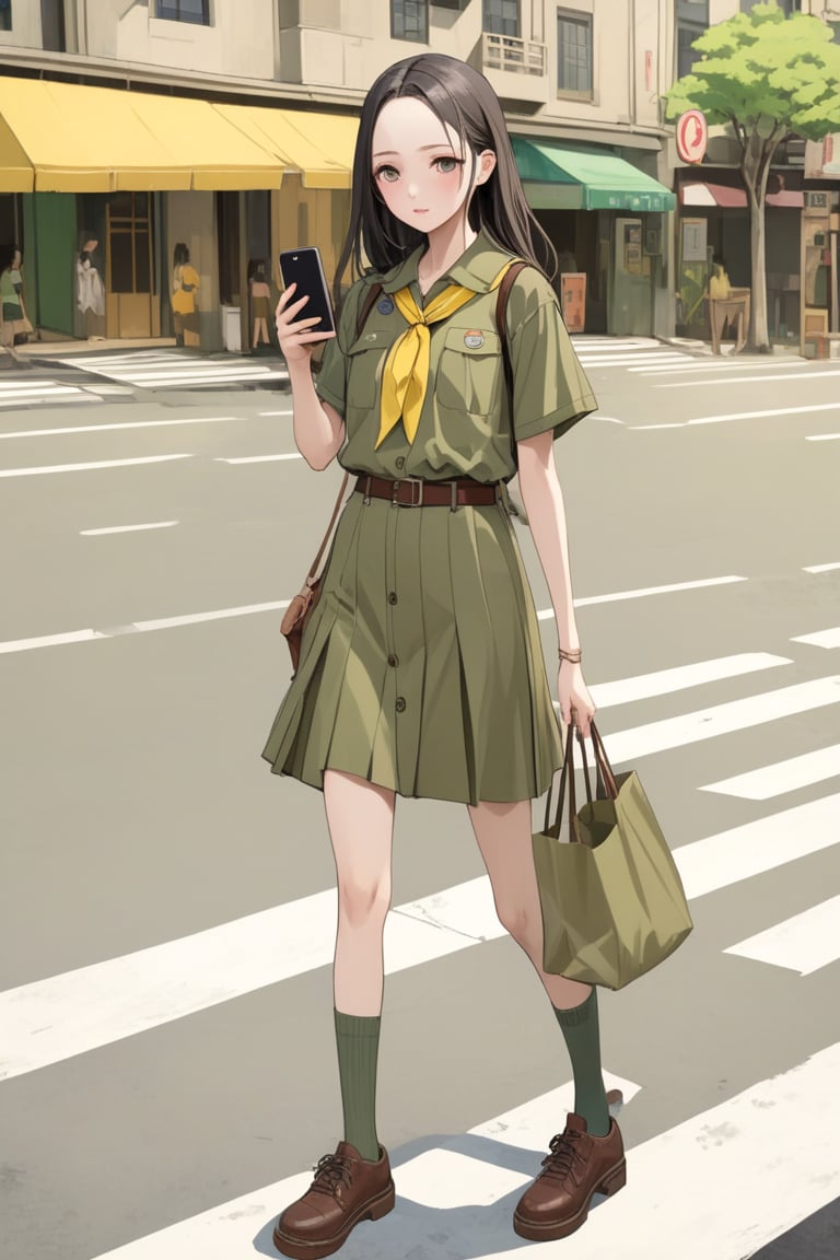 beauty young girl, crossing road, holding a smartphone, carrying tote bag, she is in black long straight hair (+half up half down, forehead), wears olive-green outfit (+same tone), olive-green short sleeves scout shirt, yellow scout kerchief, olive-green skirt with dark-brown belt, beige socks, dark-brown shoes, ((masterpiece:1.2), (best quality:1.2), (very aesthetic:1.2), (absurdres:1.2), (detailed background), intricate details, newest, sfw), (1girl, solo, full body, front view, looking at viewer), (japanese anime style), (expressive eyes, perfect face, perfect anatomy)