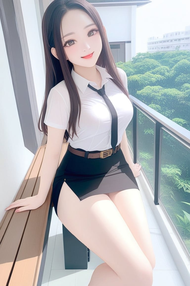 young woman, smiling and sitting on bench at balcony of academy campus, she has black long straight hair (+forehead), wearing white short sleeves collared shirt), black pencil skirt with brown belt, shoes, BREAK, (1girl, solo, full body), (best quality,4k,8k,highres,masterpiece:1.2),ultra-detailed,(realistic,photo-realistic:1.37),extremely detailed eyes and face,longeyelashes,beautiful detailed lips,beautiful detailed eyes,cinematic lighting,moody lighting,dramatic shadows,vibrant colors,Intricate details,Extremely detailed,Outstanding intricacies,(Masterpiece:1.2),(Best quality:1.2),(Absurdres absolutely resolution:1.4)