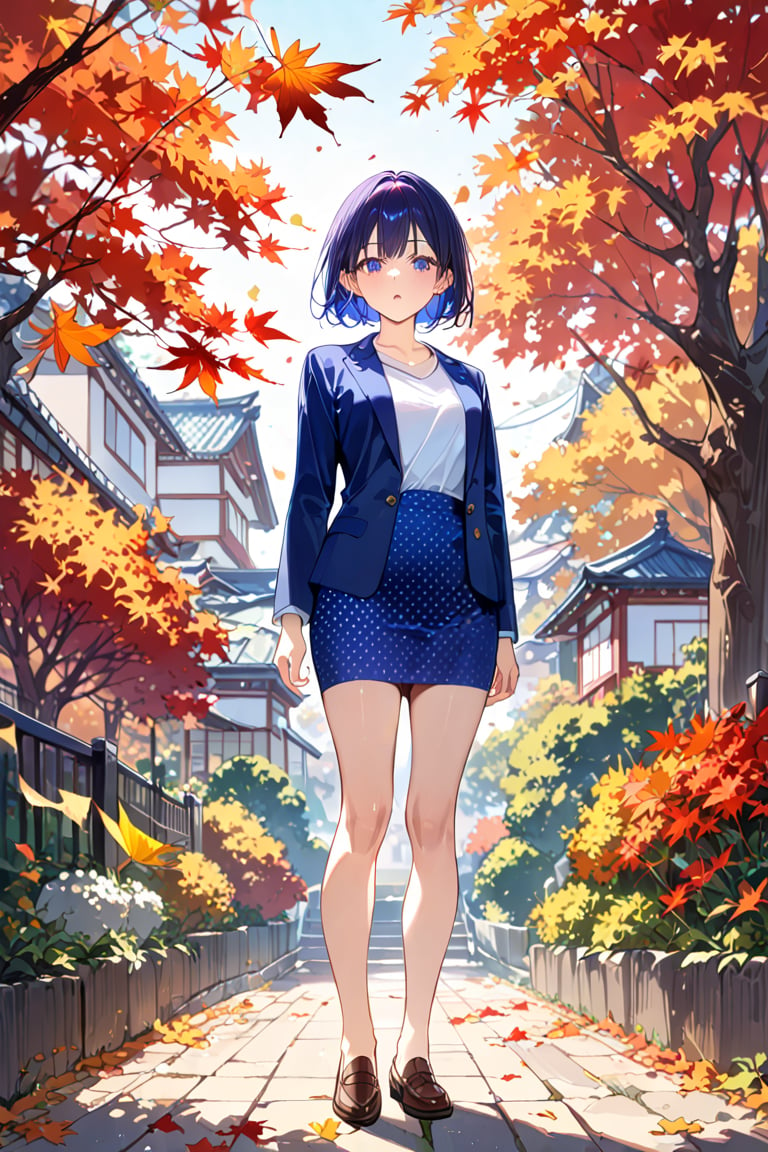 beauty young girl, standing pose at garden, autumn leaves, maple leaves, ginko leaves, she has black pixie cut, wearing navy-blue blazer (+open blazer), white t-shirt,  bright-blue and white poka dots pattern pencil skirt, brown flat shoes, ((masterpiece:1.2), (best quality:1.2), (very aesthetic:1.2), (absurdres:1.2), (detailed background),intricate details, newest, sfw), (1girl, solo, full body, front view, looking at viewer), (japanese anime style), (expressive eyes, perfect face, perfect anatomy)