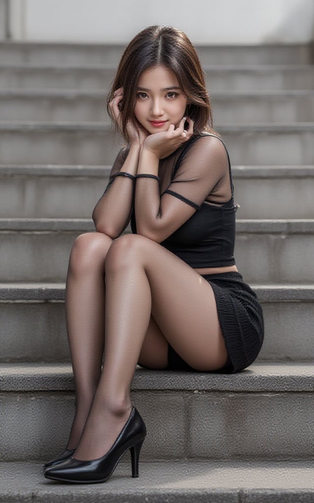 Best quality, 8K, full body portrait, front body view, long shot, low angle, 

delicate face without makeup, Korean, Japanese, 25 year old girl, small stature person, slim figure, 150cm height, short hair, wear see-through blouse and pleated miniskirt with 30 denier black pantyhose, pumps, 

sitting on stair with rest chin on position, smiling at camera, 