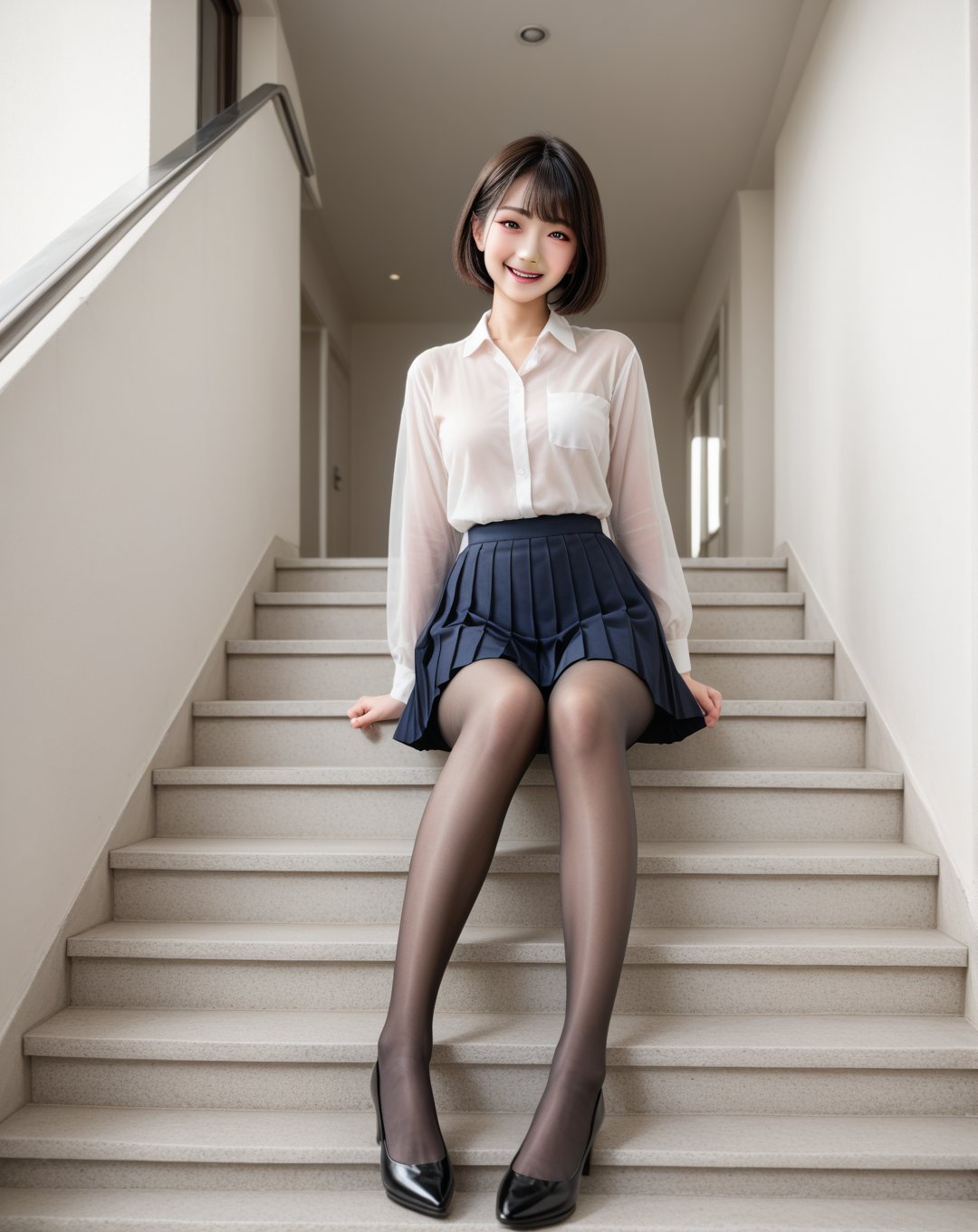 Best quality, 8K, full body portrait, front body view, long shot, low angle, sunset time, 

delicate face without makeup, Korean, Japanese, 30 year old girl, small stature and slim figure, 150cm height, short hair, wear see-through blouse and pleated miniskirt, 30 denier black pantyhose, patent pumps, 

sitting on stair and touch chin on, smiling at viewer,