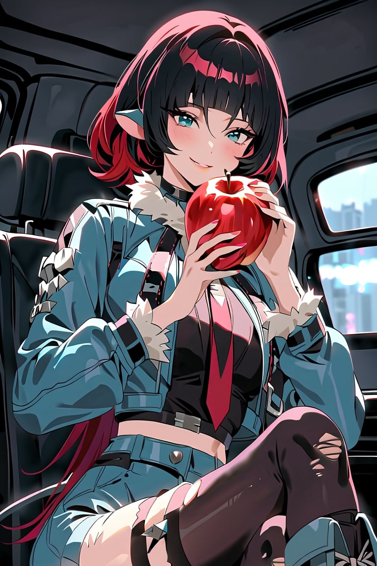 (very detailed, high quality, masterpiece, beautiful), (medium long shot),(Normal viewing angle ) , anime style, 1women,  solo, Jane doe From zenless zone Zero, short hair , black hair red hair, small eyes, (perfect eyes),Mischievous smile,mouse tail, Short jacket, blue jacket, Black crop top, red tie, Left hand holding an apple, right hand in silent position(Perfect hands),blue shorts, high stockings, ripped stockings, high boots, grey boots, Crossed legs,(Perfect anatomy). Scenario: In the cabin of a car at midnight