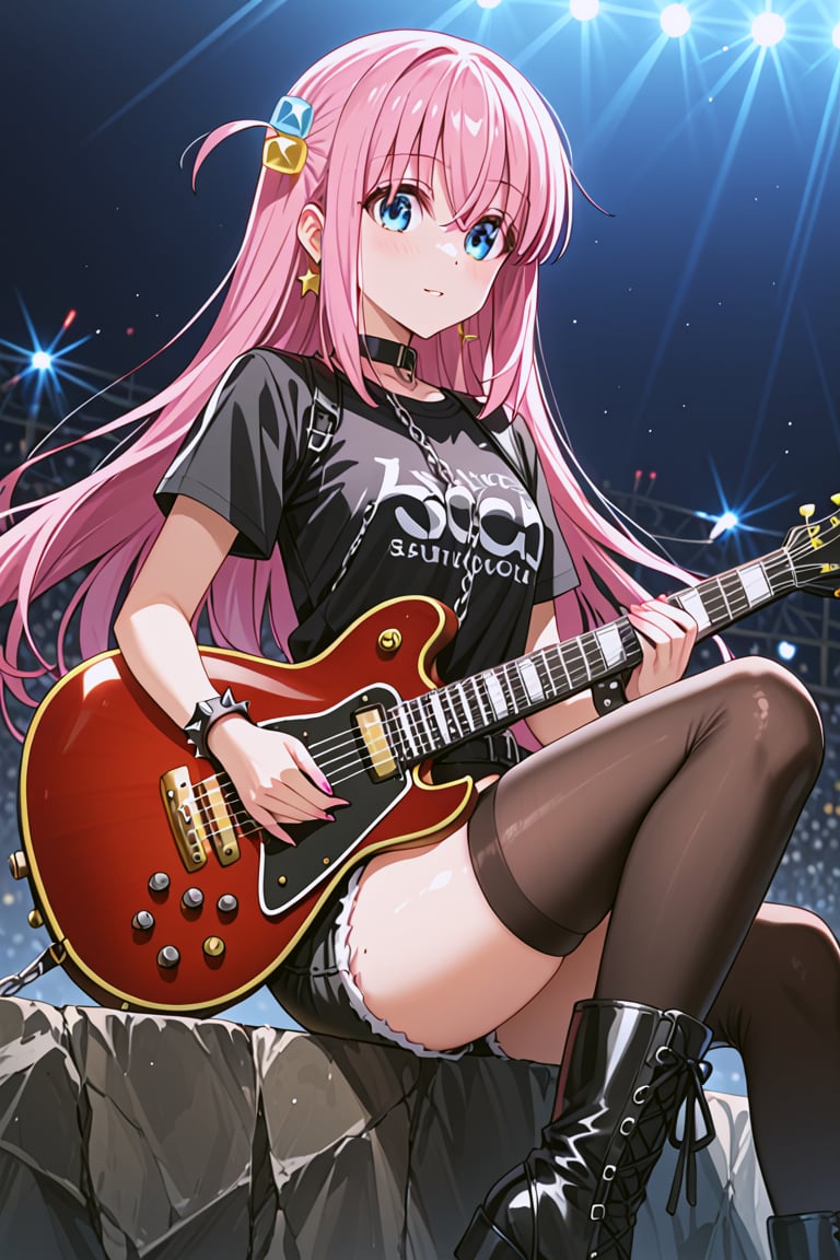  highly detailed , high quality , masterpiece , beautiful , (Medium long shot),score_9,score_8_up,score_7_up, source_anime, 1girl ,solo ,hitori gotou from bocchi the rock, Long hair, pink hair, black stripes, blue eyes, detailed eyes, perfect eyes, big eyes, black choker, spiked choker, short sleeved shirt, black shirt, flower print Rock, hands playing an electric guitar,beautiful_female_fingers,perfect hands,detailed hands,beautiful hands, red electric guitar, Black leather jacket,black bracelets, spiked bracelets, shorts Black color, chains on the sides of the waist, black stockings, high stockings, black boots,Scenario: Playing guitar at a rock concert at night 