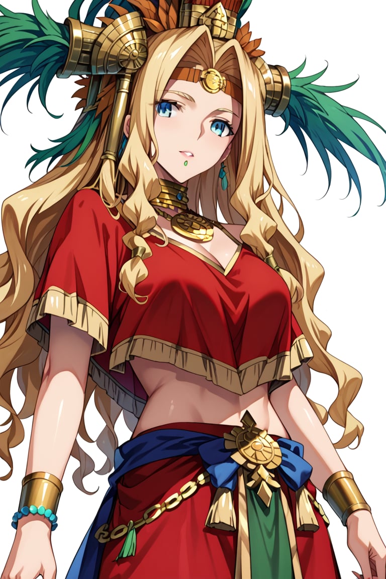  highly detailed , high quality , masterpiece , beautiful , (Medium long shot), score_9,score_8_up,score_7_up, source_anime, 1women, Quetzalcóatl from Fate/Grand Order,tall, athletic woman with tanned skin, long hair, blonde hair, loose hair, falling in thick strands around her shoulders, intense blue eyes, vibrant eyes, perfect eyes,little smail, detailed eyes
, two-piece sports style top in green, gold and red, on her head she wears a colorful plume, bracelets, wristbands,
His belt is particularly notable, decorated with a large golden snake-shaped buckle,Setting: in THE jingle, behined a pyrimid