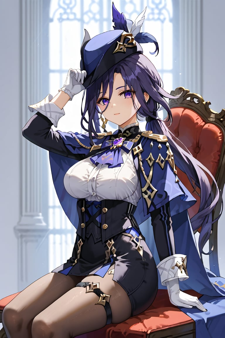 highly detailed , high quality , masterpiece , beautiful , (Medium long shot), source_anime, 1girl , solo,clorinde \(genshin impact\), tall, purple eyes (perfect eyes), long hair, purple hair,white gloves, tricorne, black pantyhose,pencil skirt, black jacket, ascot,fold-over boots, thigh strap,white shirt, underbust, blue cape, right arm up, right hand in her's hat ,back,beautiful_female_fingers,perfect hands,detailed hands,beautiful hands. Setting: Sitting on a marble chair,