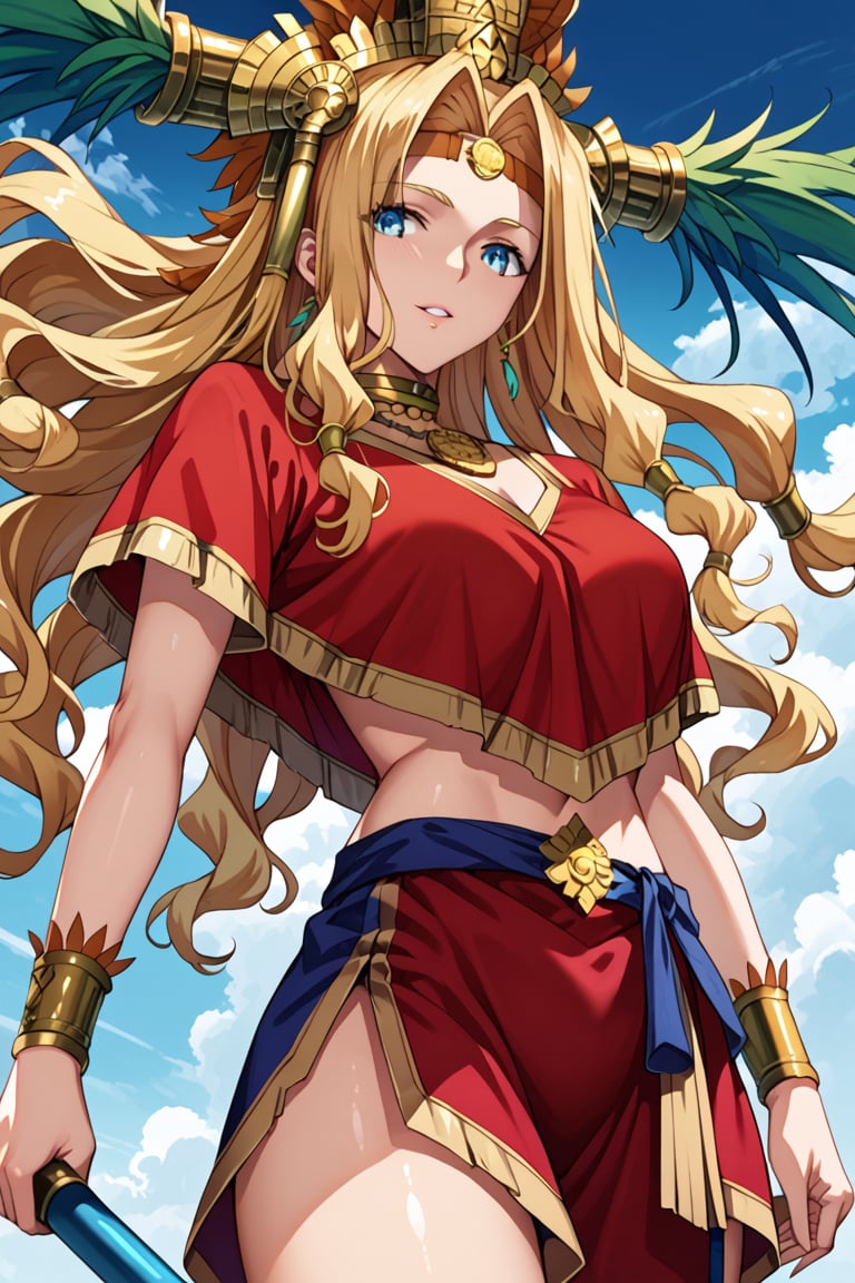  highly detailed , high quality , masterpiece , beautiful , (Medium long shot), score_9,score_8_up,score_7_up, source_anime, 1women, Quetzalcóatl from Fate/Grand Order,tall, athletic woman with tanned skin, long hair, blonde hair, loose hair, falling in thick strands around her shoulders, intense blue eyes, vibrant eyes, perfect eyes,little smail, detailed eyes
, two-piece sports style top in green, gold and red, on her head she wears a colorful plume, bracelets, wristbands,
His belt is particularly notable, decorated with a large golden snake-shaped buckle,Setting: in THE jingle, behined a pyrimid