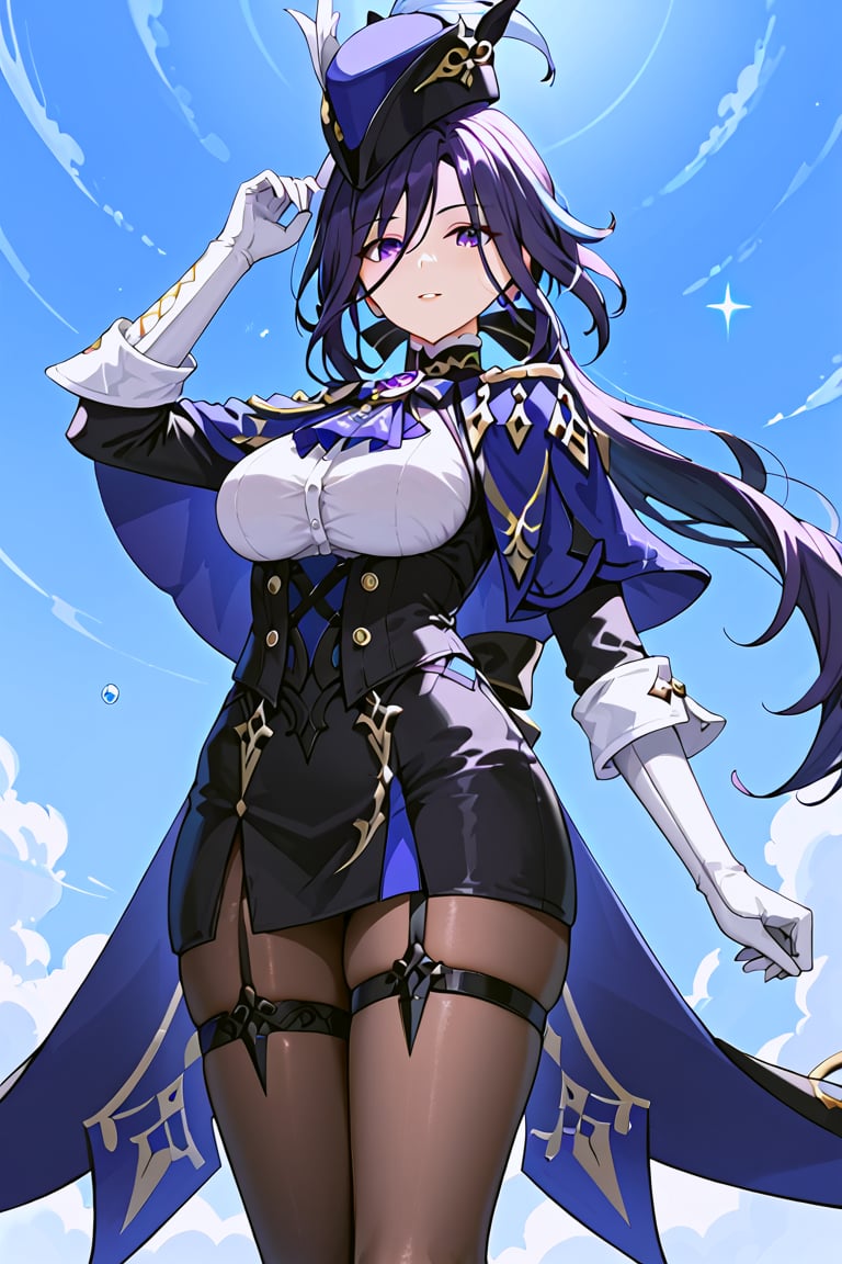 highly detailed , high quality , masterpiece , beautiful , (Medium long shot), 1girl , solo,clorinde \(genshin impact\), tall, purple eyes, (perfect eyes), long hair, purple hair,white gloves, tricorne, black pantyhose,pencil skirt, black jacket, ascot,fold-over boots, thigh strap,white shirt, underbust, blue cape, Right Arm raised holding a rapier sword,Left hard Behind the back,beautiful_female_fingers,perfect hands,detailed hands,beautiful hands. Setting: Fontaine Theatre 