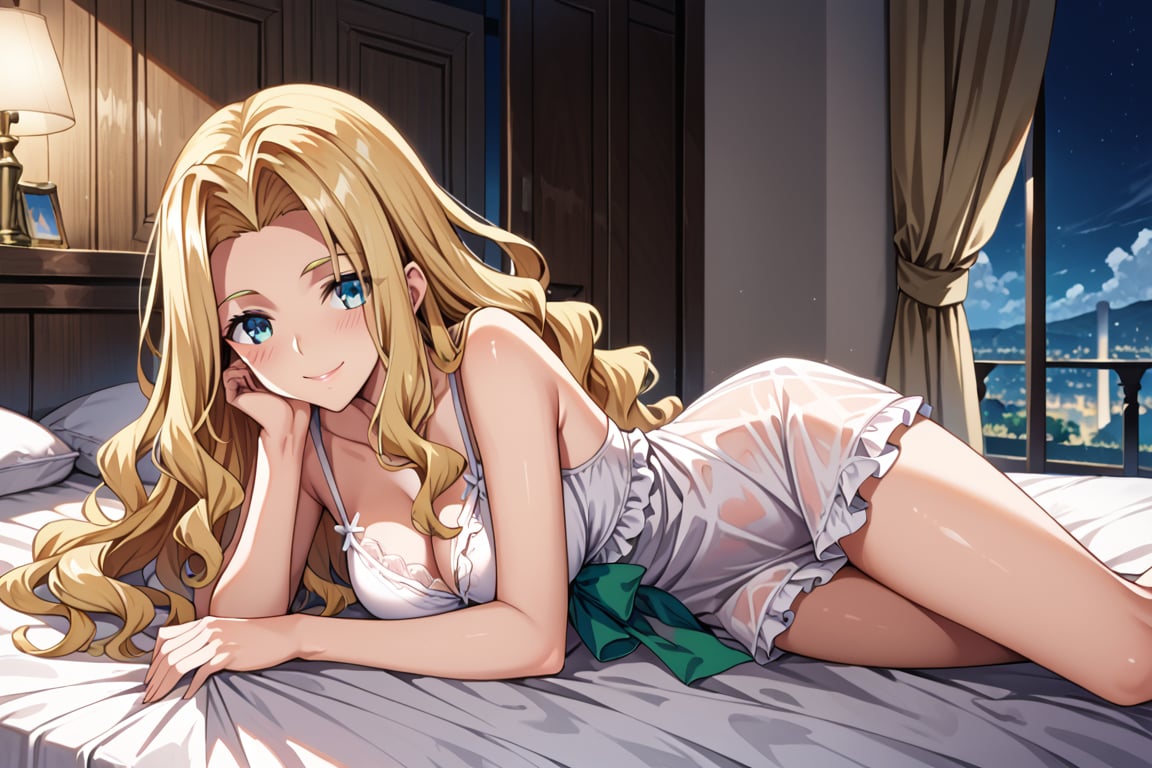  highly detailed , high quality , masterpiece , beautiful , (Medium long shot), score_9,score_8_up,score_7_up, source_anime, 1women, Quetzalcóatl from Fate/Grand Order,tall, athletic woman with tanned skin, long hair, blonde hair, loose hair, falling in thick strands around her shoulders, intense blue eyes, vibrant eyes, perfect eyes,Smile, blush,detailed eyes, White women's nightgown,Right hand up, hand facing the viewer, left hand on his crotch,Stage in a hotel room, Lying on a bed,