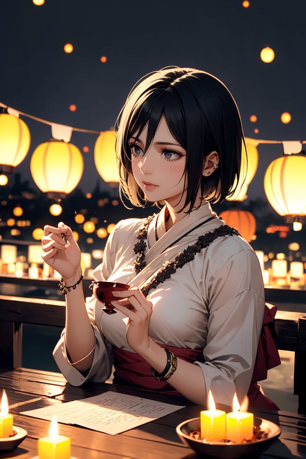 A masterpiece unfolds on Diwali night: a serene scene of a woman, hmmikasa, with short hair and piercing black eyes, surrounded by the vibrant hues of the festival's delight. She sits amidst the twinkling lights of fireworks, crackers crackling in the distance, as she tends to a small oil lamp, its gentle glow illuminating her captivating features. In the background, the sprawling scenery of a cityscape or a lush landscape shines bright with colorful lanterns and decorations, a breathtaking backdrop for this enchanting diorama.