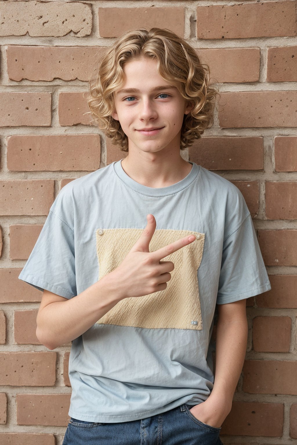 handsome boy, blonde wavy hair, medium length hair, blue eyes, 15 years old, dimples, androgynous

baggy shirt, slim body, skinny, standing in front of a brick wall, with two fingers up giving the peace sign

 hyper realistic, realistic, male, 1boy, lifelike, solo_male, 1boys