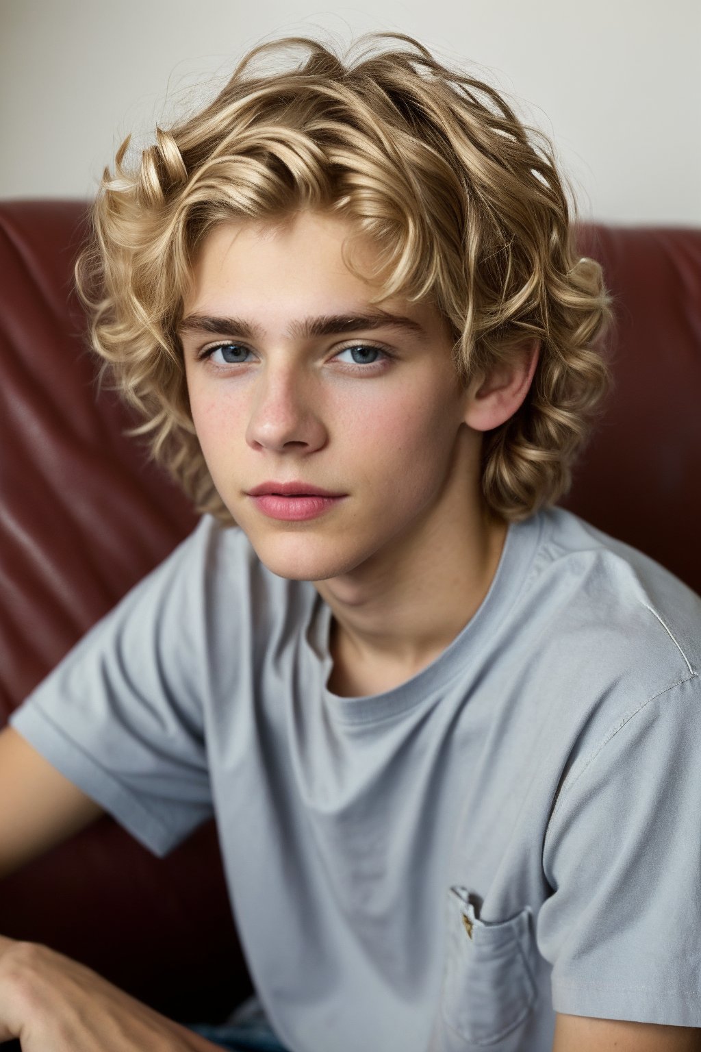 Hyperrealistic photograph, cute boy, blonde wavy hair, medium-short length hair, blue eyes, 15 years old, dimples, small nose, androgynous,

baggy shirt, slim body, skinny, laying on a couch in a relaxed position

hyper realistic, realistic, photograph, male, 1boy, lifelike, solo_male, 1boys,photorealistic