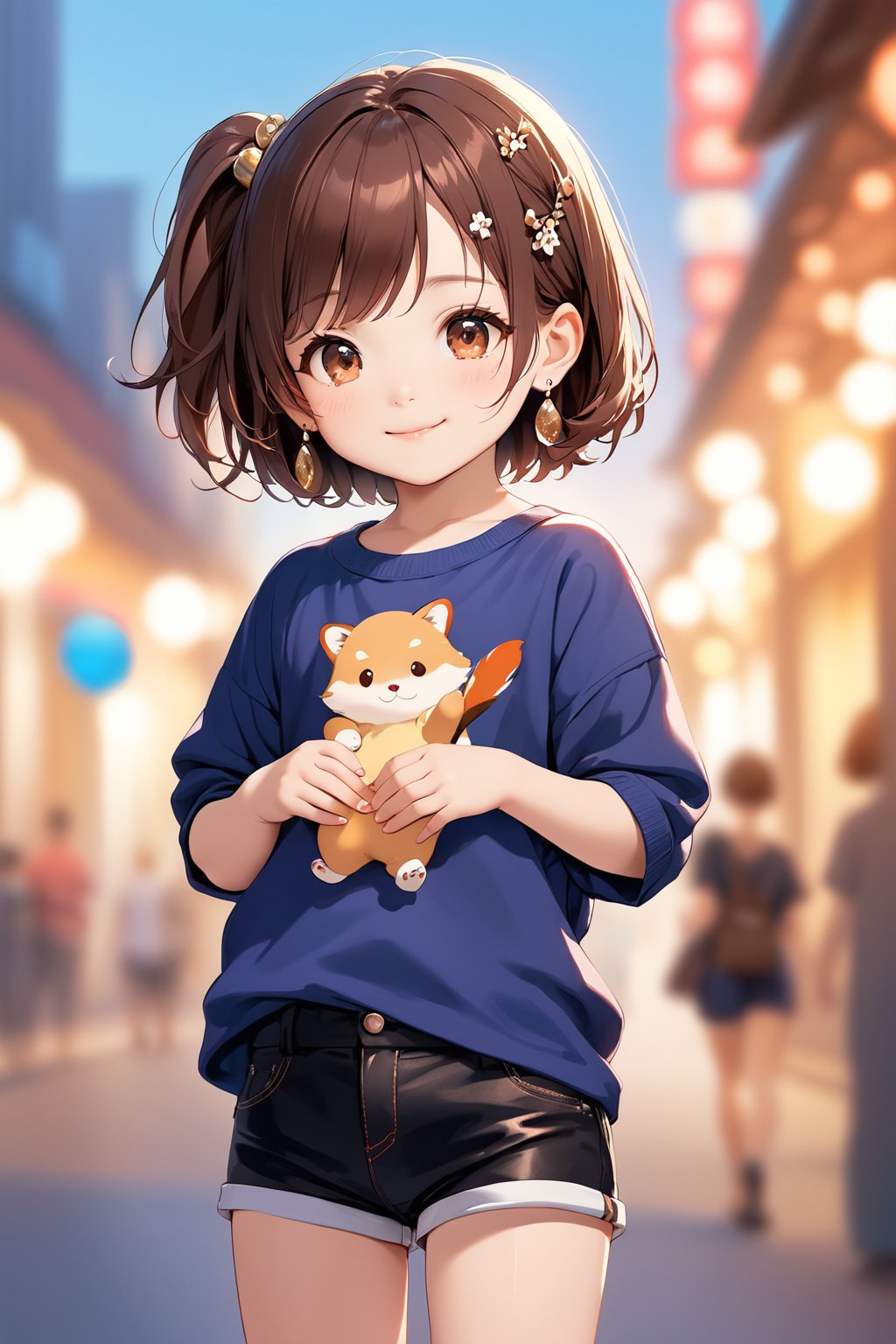 1girl, kid, solo, looking at viewer, smile, short hair, brown hair, hair ornament, hotpants,  , jewelry, earrings, blurry, depth of field, blurry background, animal, one side up, child, female child