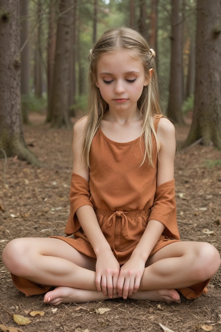 cute little preteen girl with white blonde long hair,  8 year old,  meditating in dark loose orange monk robe with legs cr...