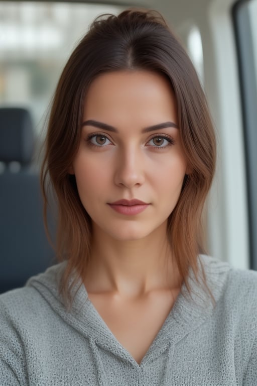 RAW photo, a Haley , upper body, (taking a selfie in a car), navy blue hoodie,,  lipstick, soft lighting, high quality, highres, sharp focus, extremely detailed, (sunlight on face), beautiful detailed eyes, masterpiece, cinematic lighting, dslr, Fujifilm XT3