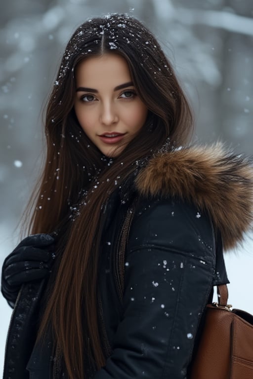 A longbrownhair woman stands at eye-level, her dark tresses cascading over her shoulders like a waterfall of night. She's dressed in a black leather jacket, adorned with a brown fur hood on her coat, adding warmth to her overall ensemble. A brown leather backpack and black gloves complete her outfit. In the blurred background, a winter wonderland scene unfolds, providing a stark contrast to the woman's dark attire.