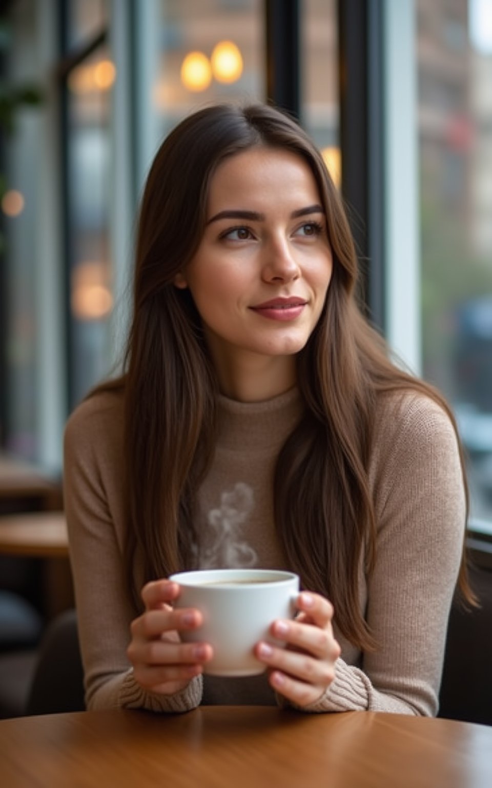 "A serene morning scene: a 30-year-old female sits solo at an indoor café, cradling a cup of steaming coffee between her palms as she gazes wistfully into the distance, the camera's lens framing her contemplative expression against a soft, diffused background of city life.",longbrownhair