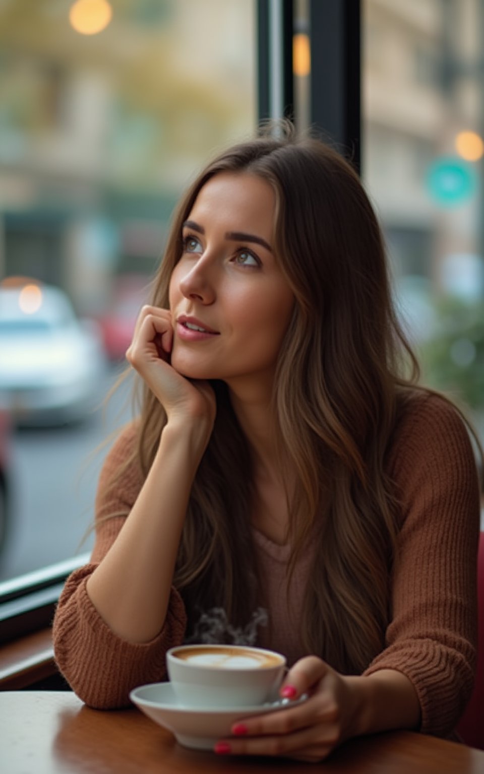 "A serene morning scene: a 30-year-old female sits solo at an indoor café, cradling a cup of steaming coffee between her palms as she gazes wistfully into the distance, the camera's lens framing her contemplative expression against a soft, diffused background of city life.",longbrownhair