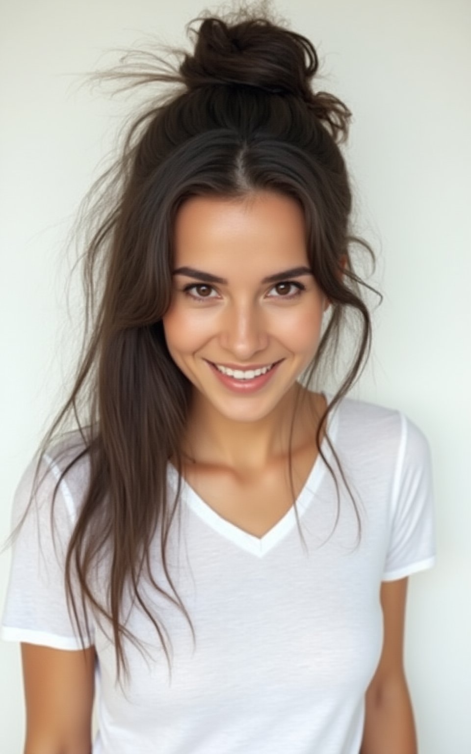 best quality, 4k, 8k, highres, masterpiece), ultra-detailed, a woman wearing a white t - shirt with her hair in a messy bun and a smile on her face, woman, looking at viewer, smile, open mouth, simple background, shirt, black hair, white background, brown eyes, white shirt, teeth, portrait, realistic, photorealistic,longbrownhair,Enhanced all