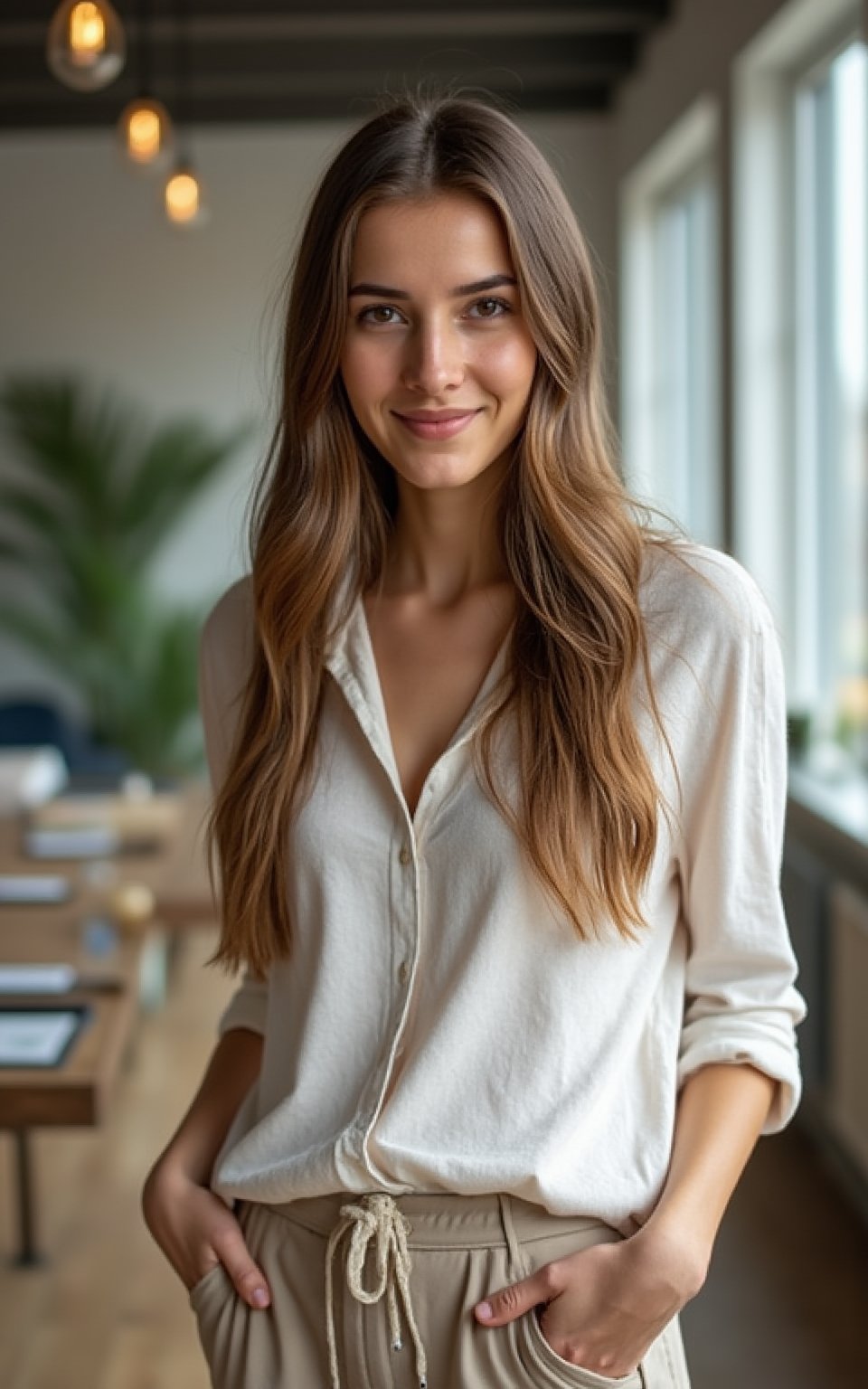 RAW Photo, DSLR BREAK a young woman with  longbrownhair, (light smile:0.8), (smile:0.5), wearing relaxed shirt and trousers, causal clothes, (looking at viewer), focused, (modern and cozy office space), design agency office, spacious and open office, Scandinavian design space BREAK detailed, natural light