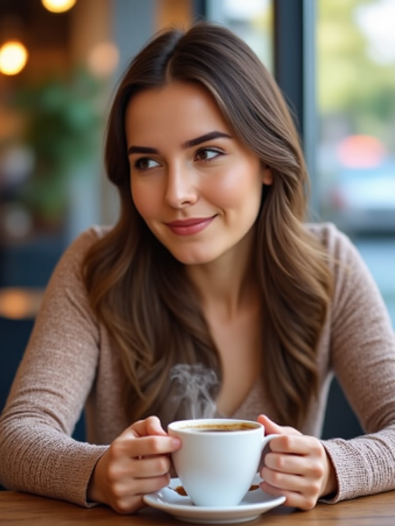 "A serene morning scene: a 30-year-old female sits solo at an indoor café, cradling a cup of steaming coffee between her palms as she gazes wistfully into the distance, the camera's lens framing her contemplative expression against a soft, diffused background of city life."