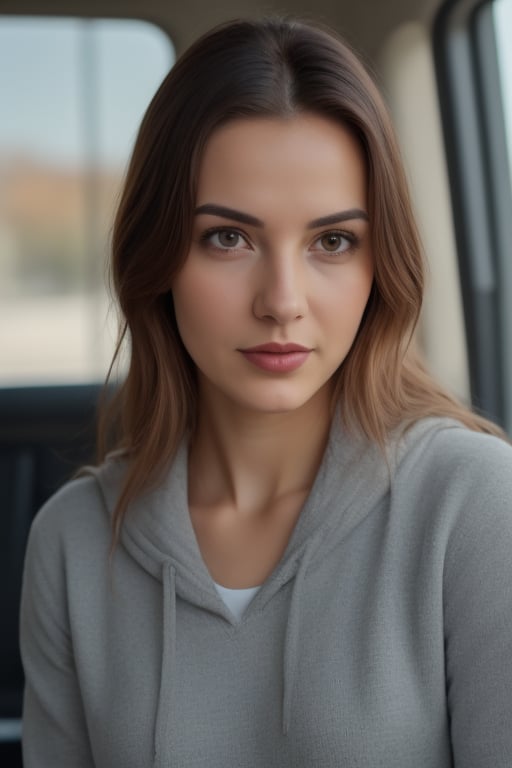 RAW photo, a Haley , upper body, (taking a selfie in a car), navy blue hoodie,,  lipstick, soft lighting, high quality, highres, sharp focus, extremely detailed, (sunlight on face), beautiful detailed eyes, 