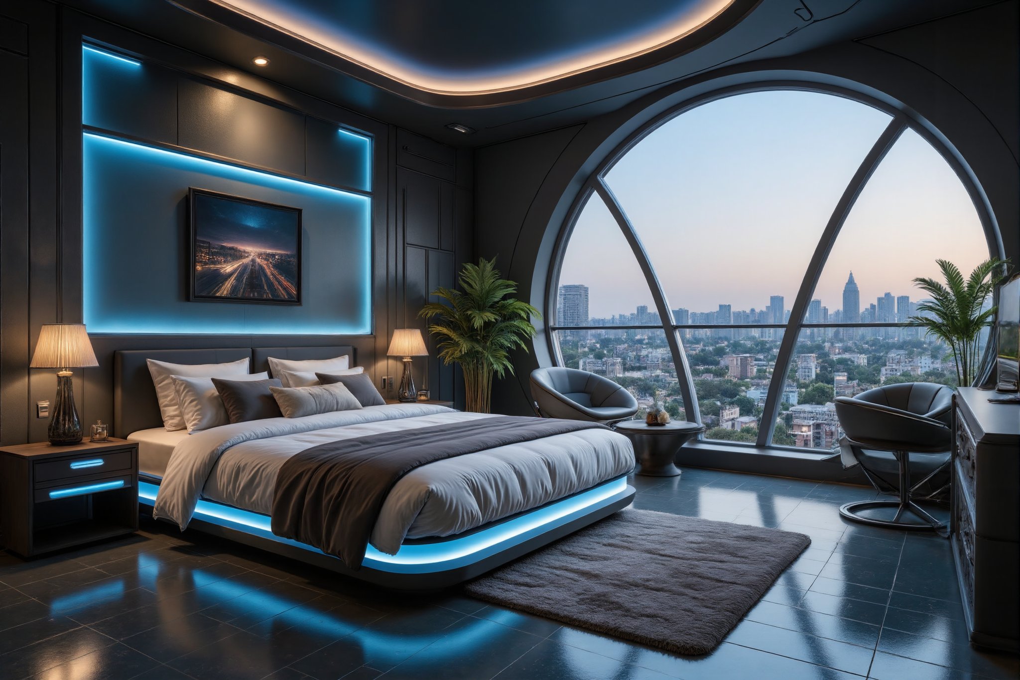 A highly realistic and cinematic scene of a futuristic bedroom, very spacious, with a single bed featuring blue neon details. The room includes a modern desk with a state-of-the-art laptop, and a large window offering a breathtaking view of a city of the future. The lighting is soft and ambient, highlighting the sleek, minimalist design. The composition is balanced, with the bed and desk positioned symmetrically, capturing the essence of modern luxury and technological advancement.