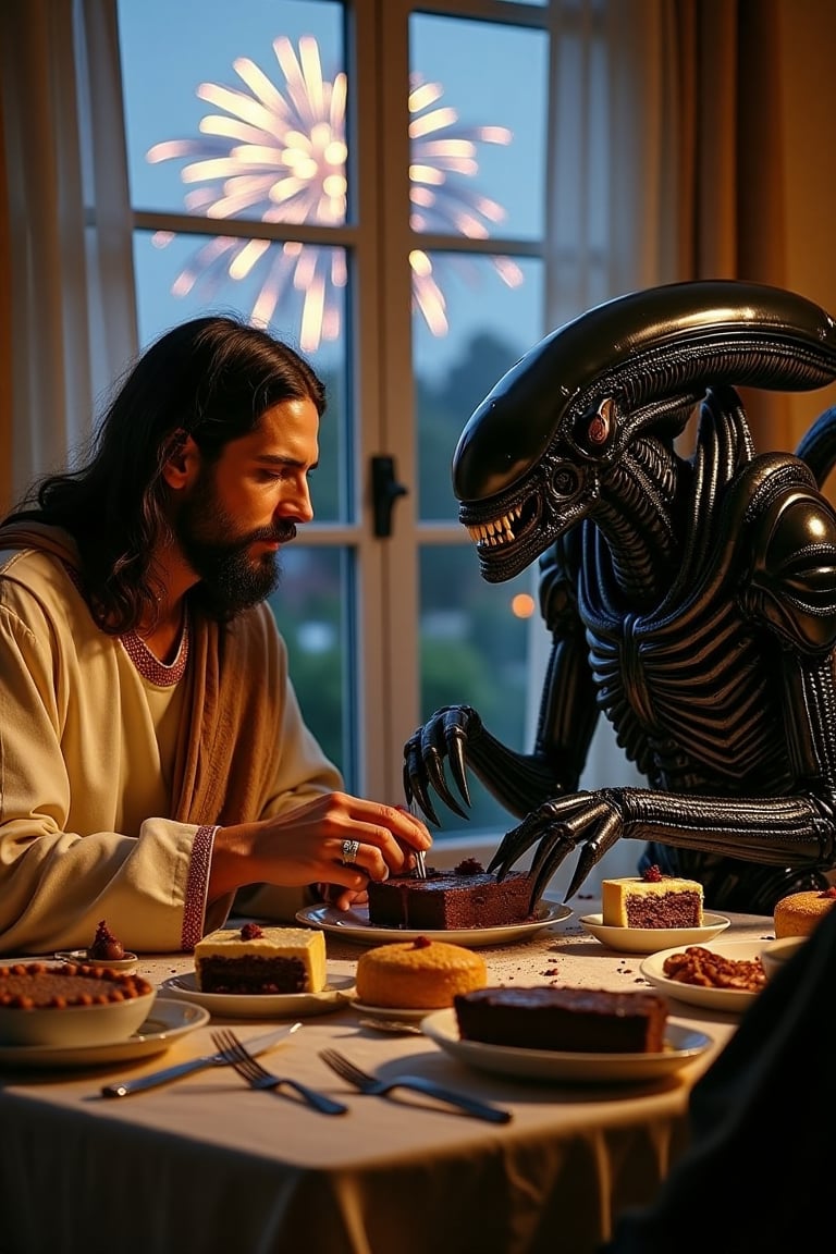 At a table at dusk,  Jesus Christ,  wearing his traditional garments by Millie on Tensor.Art