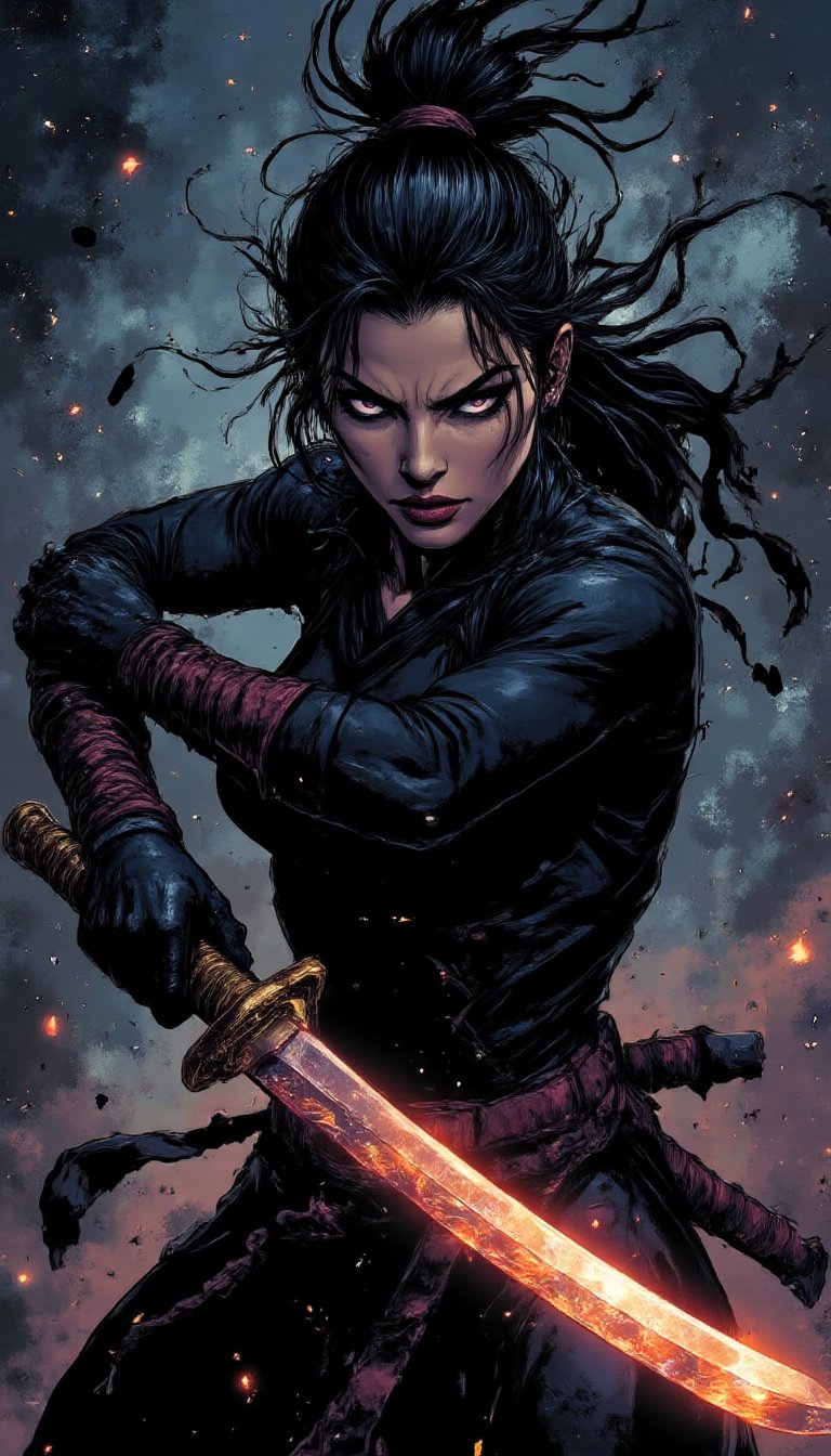 Comic book character: A Chinese warrior woman with black hair and intense eyes,  wielding her powerful katana with a lumin...