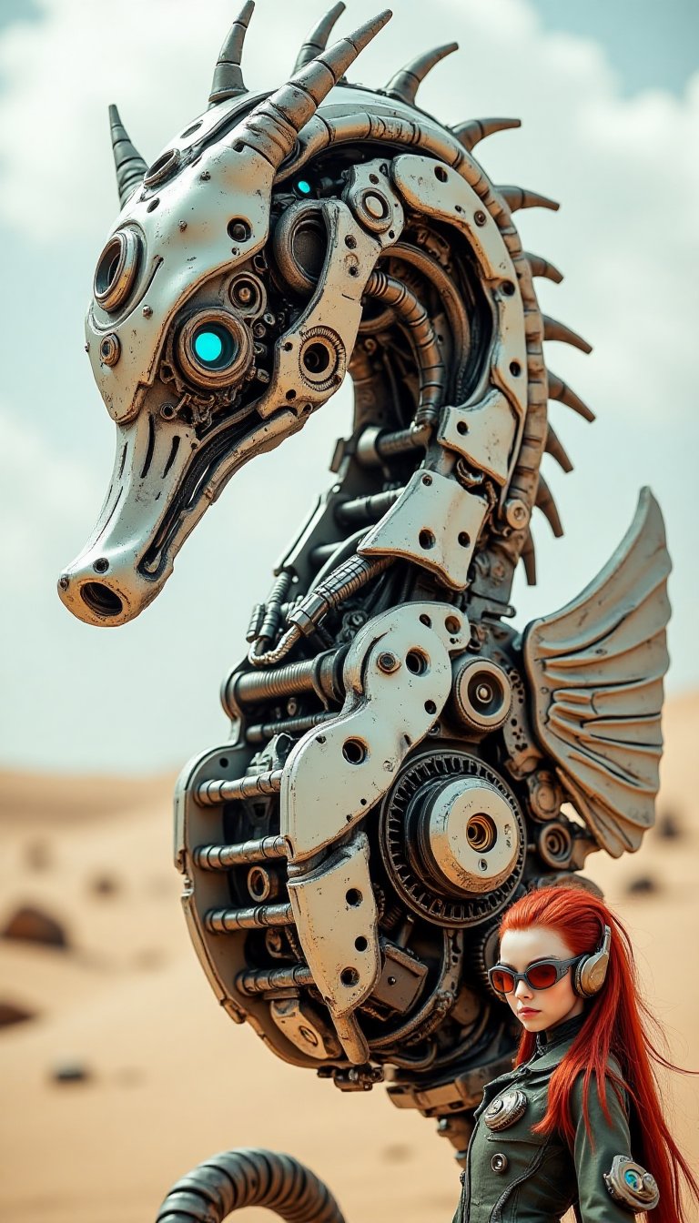 A frontal view of a mechanical seahorse on a desert sand background. The shape of the seahorse conveys a strong mechanical...