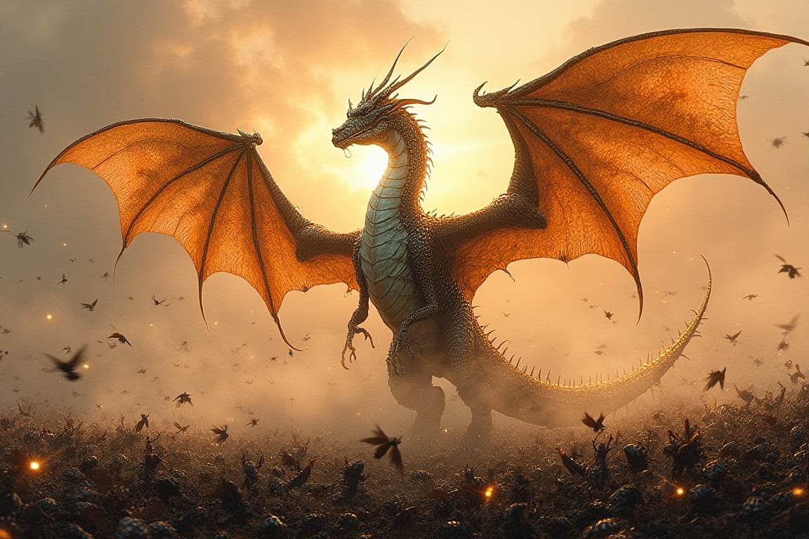 A majestic, iridescent dragon rises from a swarm of flying termites, its body composed of thousands of tiny insects merged into a single, shimmering form. The dragon's wingspan stretches wide, casting a warm glow as the sun sets behind it. A misty veil of fog envelops the scene, with hints of ancient, mystical energy emanating from the creature's scales.,komikA