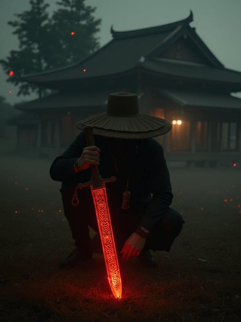 A captivating and enigmatic digital illustration features a shadowy figure, seemingly a warrior or samurai, kneeling amidst a dimly lit, foggy field. The character dons a wide-brimmed straw hat and a mysterious mask, concealing their identity. Their hand grips a magnificent sword with intricate engravings that emit a mesmerizing, fiery red aura. The background reveals a traditional, architectural structure—possibly a temple or shrine—bathed in the soft glow of floating embers or fireflies. The composition by Hans Darias exudes an eerie atmosphere, skillfully blending warm and cool tones to evoke a palpable sense of tension and expectation.