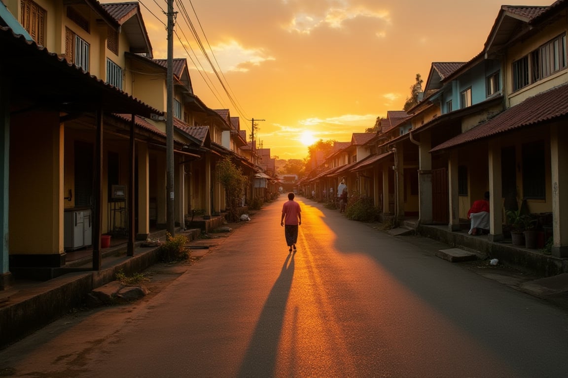 A serene evening scene on a deserted street in Kampung Melayu. A warm orange glow of the setting sun casts long shadows across the empty pavement, highlighting the rustic charm of the traditional Malay houses with intricate wooden carvings and brightly colored shutters. The air is filled with the sweet scent of cooking oil and spices wafting from the nearby kitchens. A lone figure, dressed in a simple sarong and songkok, walks slowly down the street, lost in thought, as the sounds of children playing and birds chirping fade into the twilight.,impian