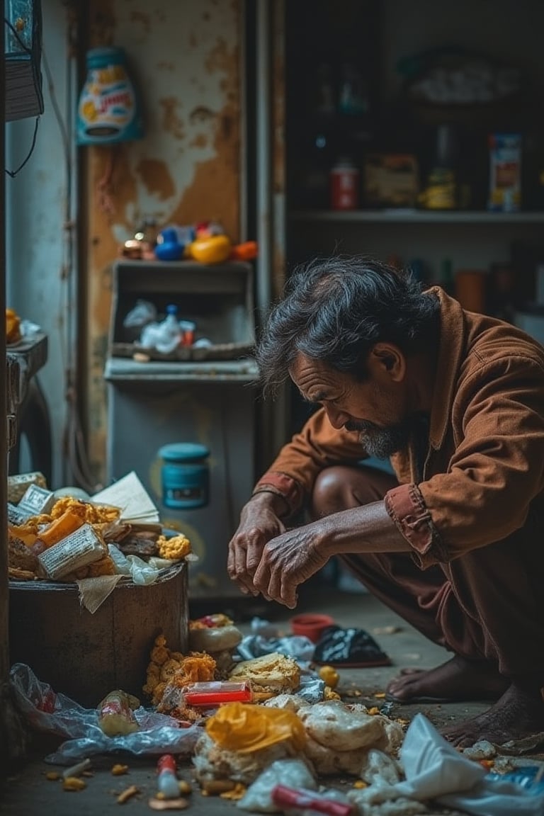 A close-up shot of a malay beggar's hands rummaging through a garbage bin behind a shop, with discarded food packaging and trash surrounding them. The beggar's worn-out clothes blend into the gritty urban backdrop as they search for edible scraps amidst the filth. Harsh overhead lighting casts an unforgiving glow on the scene.,impian2