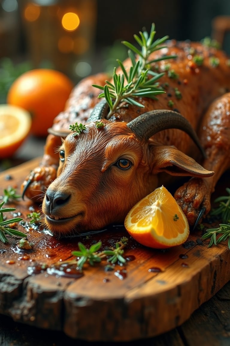 Close-up shot of a roasted goat on a rustic wooden platter, surrounded by aromatic herbs and citrus slices. Soft golden lighting illuminates the tender meat, with subtle shadows accentuating its crispy skin. The camera captures the goat's juicy interior, garnished with fresh rosemary and thyme, inviting the viewer to take a bite.,Dinamic Dramatic