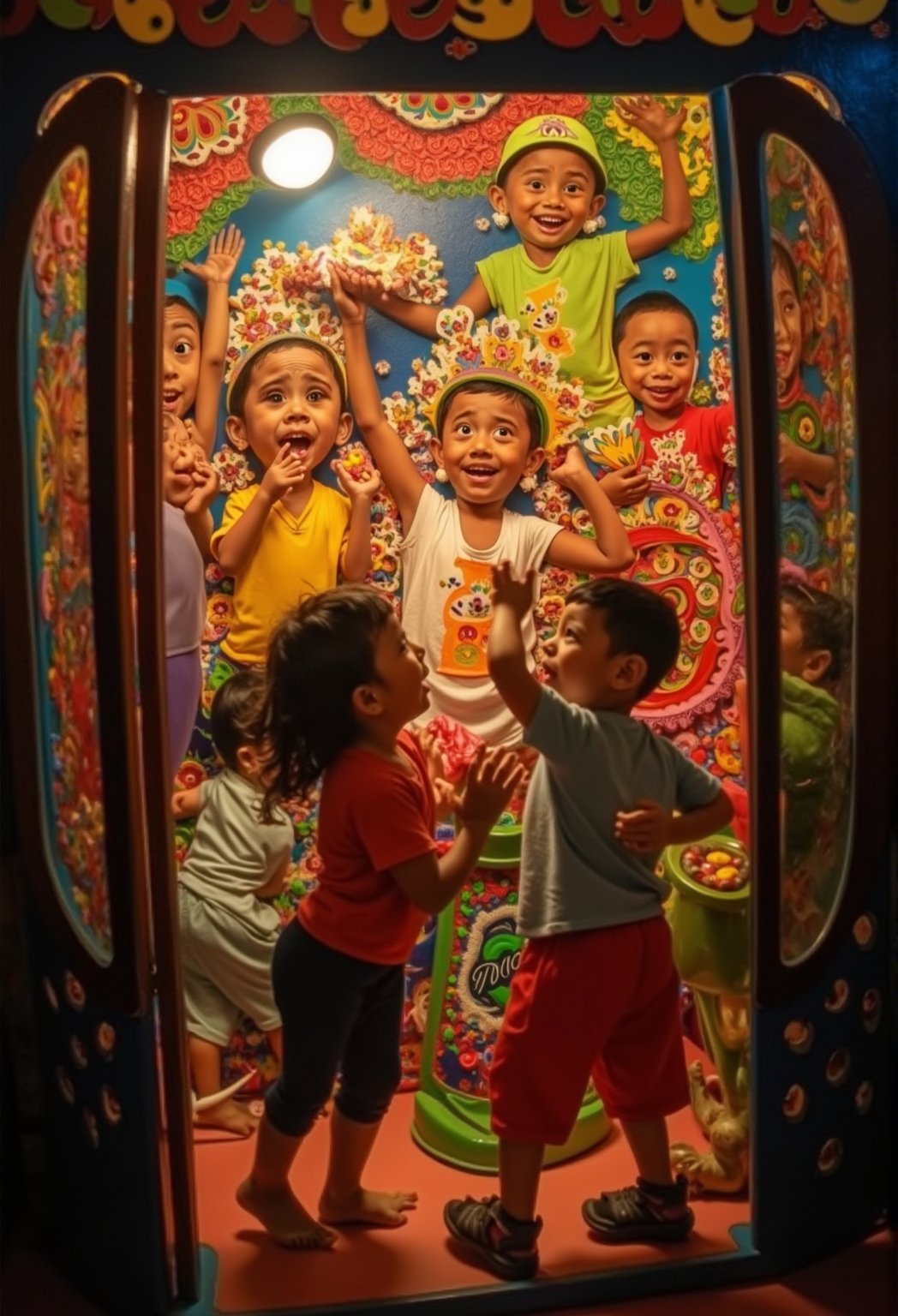 A playful scene of young children, kanak-kanak, excitedly grabbing candies inside a colorful candy store. Framed from a low angle, the camera captures the joyful chaos as they reach for their treats. Soft, warm lighting illuminates the sweet delights and enthusiastic faces, while vibrant colors of the candy displays add to the lively atmosphere.,shadowpuppet