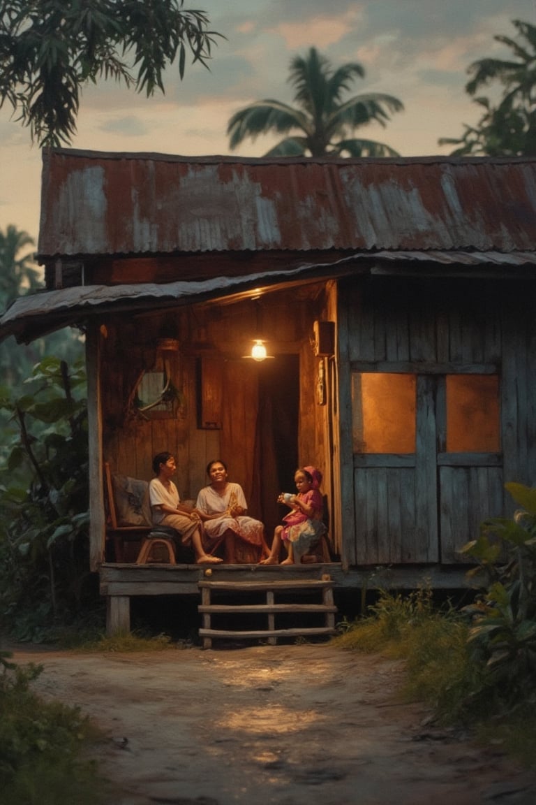 A warm glow emanates from the wooden house as a Malay family sips tea on the creaky porch. The rustic wooden boards and rusty metal roof are illuminated by the soft light of the setting sun casting long shadows across the dirt path. The family's laughter and gentle chatter fill the evening air, as they sit together in comfortable silence, surrounded by the simplicity of their humble abode.,softcolor,peribadi