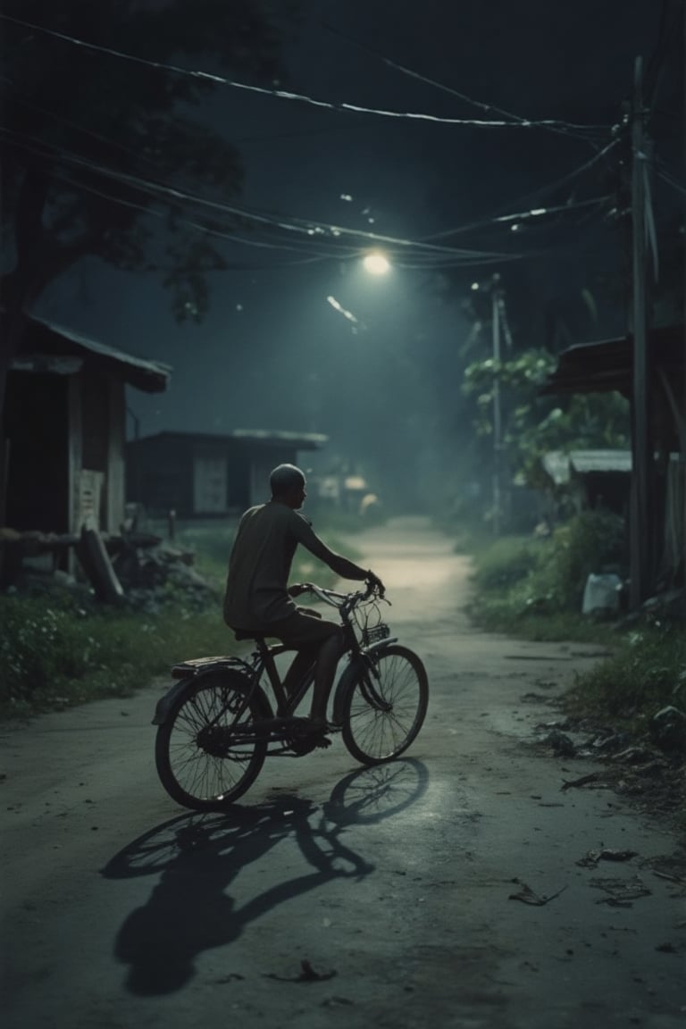 A young Malay man pedals his old bicycle back from work on a deserted street, late at night. The only sound is the gentle hum of the bike's wheels and the soft rustling of leaves underfoot. The dim lighting casts long shadows behind him, as he rides towards a distant glow, his figure a solitary silhouette against the dark, impoverished surroundings.,kalarcat,peribadi