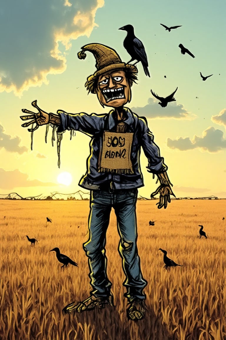 In the heart of a sprawling, golden wheat field, a decrepit scarecrow stands tall, its tattered form a testament to time's ravages. Faded flannel shirt hangs loosely over ripped jeans, held together by frayed threads, while a weathered straw hat tilts precariously atop the scarecrow's head. A burlap sack serves as a face, stitched eyes glinting menacingly beneath a wide, unsettling smile. As the late afternoon sun dips below the horizon, its warm glow casts long shadows across the field, where a few crows silhouette themselves against the sky. Meanwhile, one bold crow perches confidently on the scarecrow's shoulder, as if claiming dominion over this desolate yet strangely captivating landscape.,cartoon1