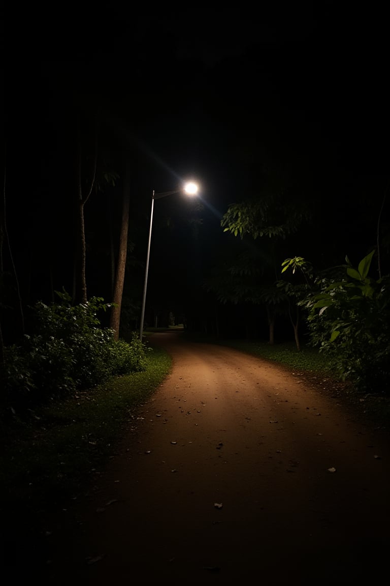 The image depicts a tranquil night scene on a forest path. A single street lamp casts a warm glow, illuminating the ground and creating a stark contrast with the surrounding darkness. The path itself is unpaved and appears to be lightly dusted with fallen leaves, suggesting it may have rained recently or that the trees are shedding their autumn foliage. The forest on either side of the path is dense with various types of vegetation, adding a sense of depth and seclusion to the scene. There are no visible people or man-made structures in the immediate vicinity, enhancing the natural and serene atmosphere of the setting.,impian