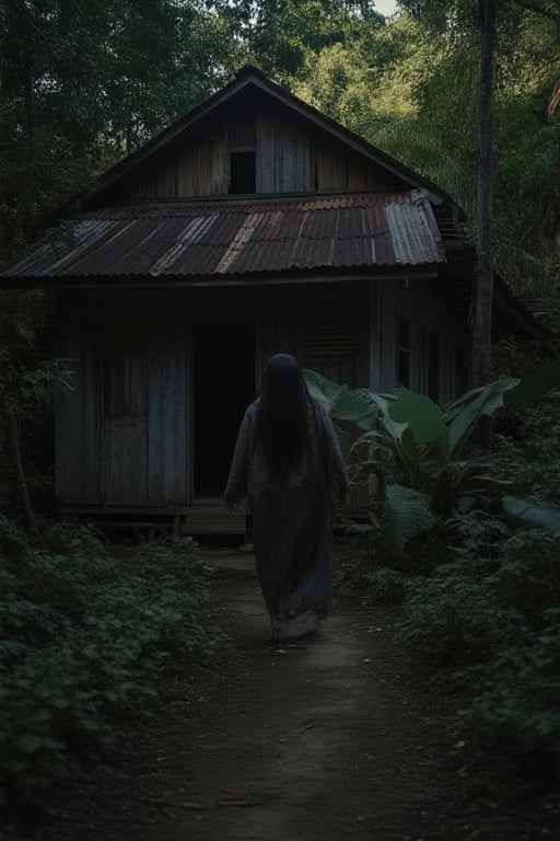 A mystical Indonesian spirit, Ada Kuntilinaq, emerges from the shadows of a decrepit old house nestled deep in the heart of the dense jungle. The wooden beams creak in the flickering moonlight, as Ada's ethereal form materializes before the crumbling facade. Her long black hair flows like the night air, while her eyes gleam with an otherworldly intensity.,ketenangan,Kuntilanak,Pontianak,impian