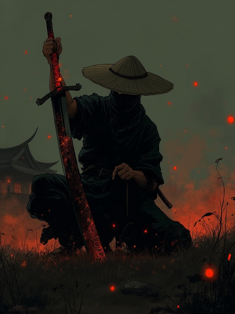 A captivating and enigmatic digital illustration features a shadowy figure, seemingly a warrior or samurai, kneeling amidst a dimly lit, foggy field. The character dons a wide-brimmed straw hat and a mysterious mask, concealing their identity. Their hand grips a magnificent sword with intricate engravings that emit a mesmerizing, fiery red aura. The background reveals a traditional, architectural structure—possibly a temple or shrine—bathed in the soft glow of floating embers or fireflies. The composition by Hans Darias exudes an eerie atmosphere, skillfully blending warm and cool tones to evoke a palpable sense of tension and expectation.,terpaling,kalarcat,softcolor,komikA