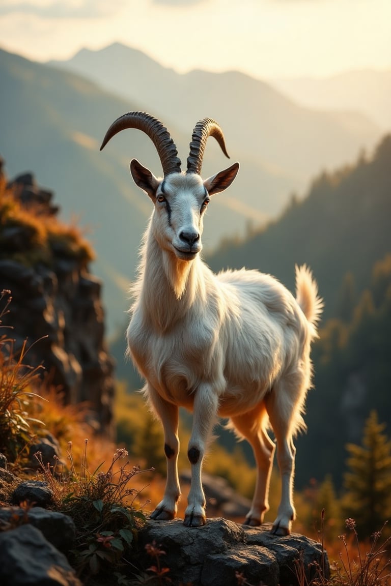 A majestic goat stands proudly on a rugged hillside, its white coat glistening in the warm sunlight. The camera frames the goat's regal profile, with the rolling hills and greenery blurred softly in the background. Golden light illuminates the scene, casting a sense of serenity over the entire composition.,Vibrant Visual