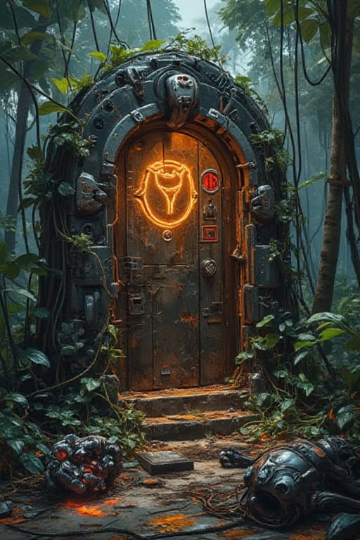 "Photorealistic image of an abandoned tomb for a fallen Transformer warrior, located in a futuristic alien jungle. The tomb is crafted from advanced metal alloys and adorned with glowing cyber-runes, with vines and alien plants wrapping around the structure. The remains of the Transformer, including a broken metallic hand, lie nearby, with faint neon lights illuminating the tomb, creating a mix of mystique and technological decay.",mancyborg